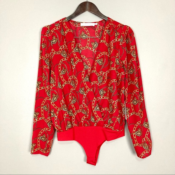 ASTR Chain Reaction Bodysuit Women’s Size M Surplice Wrap Front Long Sleeves - Picture 4 of 12